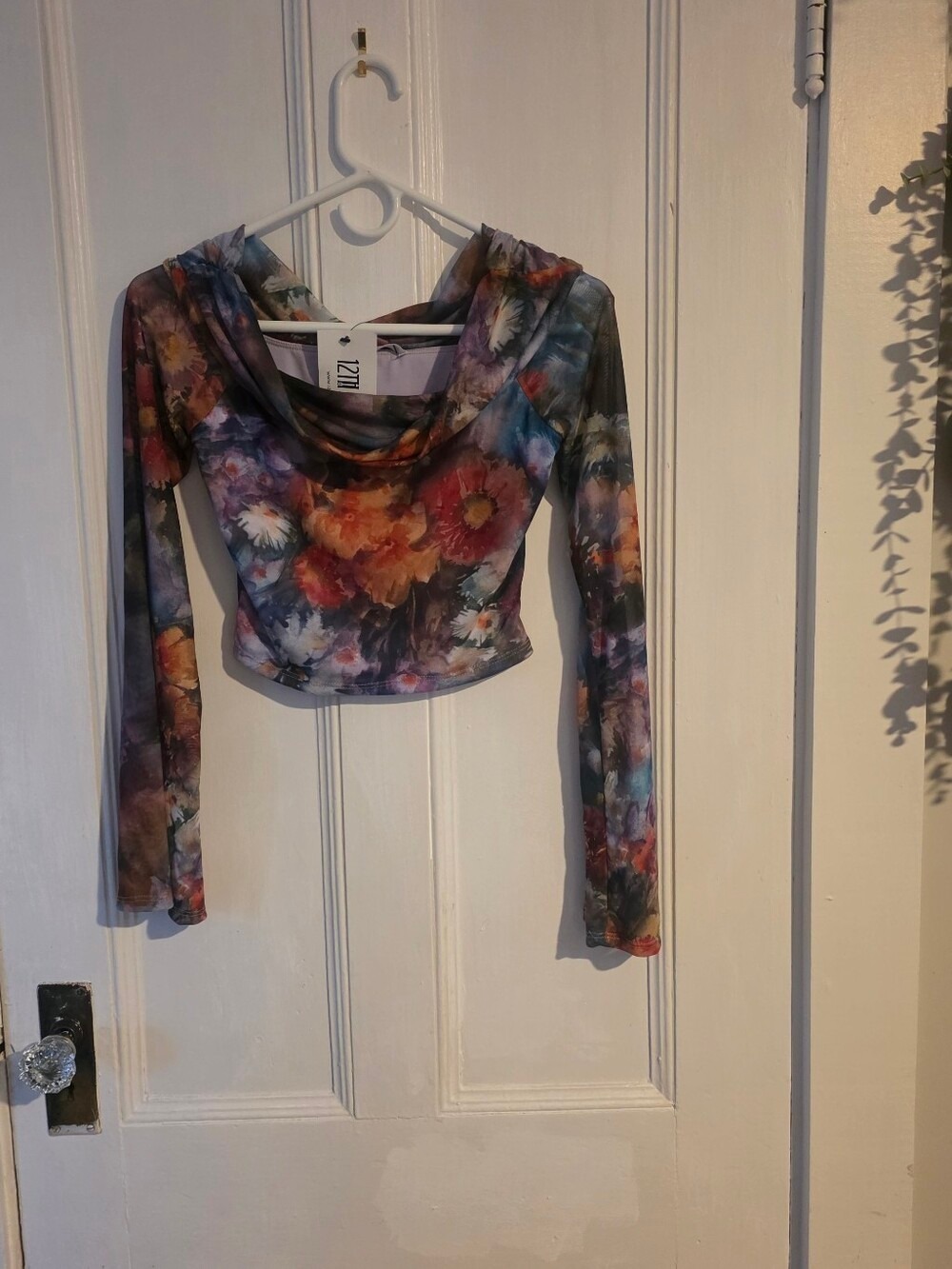 12TH TRIBE Floral Mesh Cowl Neck Crop Top – Long Flared Sleeve